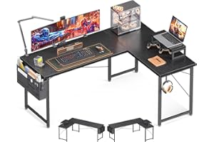 Casaottima L Shaped Computer Desk with Storage Bag, 57.5 Inch Reversible Gaming Table, Home Office Corner Desk with Monitor Shelf, Space-Saving Writing Workstation Desk, Easy to Assemble, Black