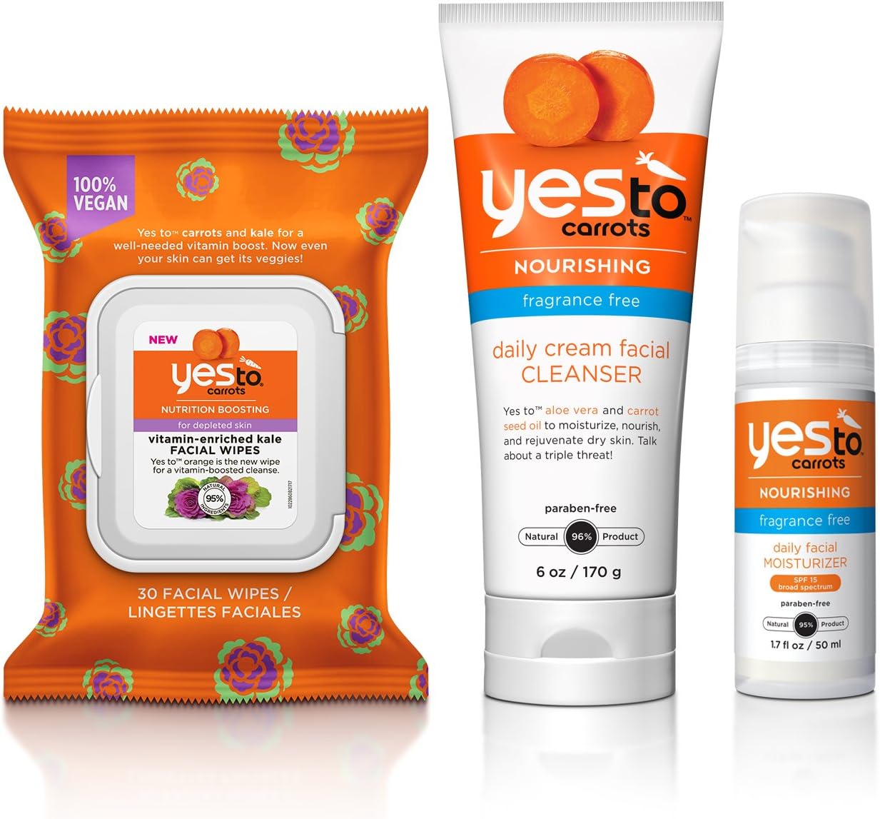 Yes To Carrots Face Kit - Nutrition for Depleted Skin (Facial Wipes, Cleanser, SPF 15 Moisturizer)