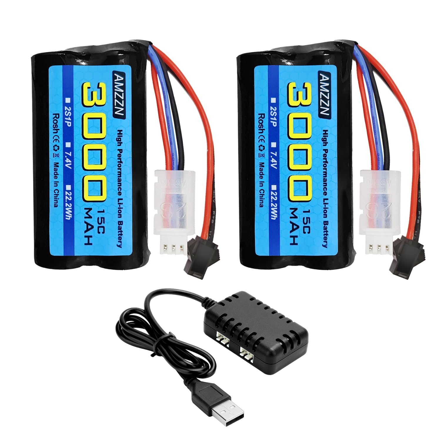 AMZZN 2PCS 7.4V 3000mah 15C 2S SM-2P Plug Li-ion Battery with 2-in-1 Charger for H105 H103 H101 RC Ship, MN D99 D99s D90 D91 RC Car, Truck RC Boat Engineering Vehicle Backup Battery