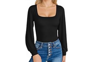 MANGOPOP Square Neck Puff Sleeve Bodysuit Loose Lantern Long Sleeve Body Suit for Women for Going Out