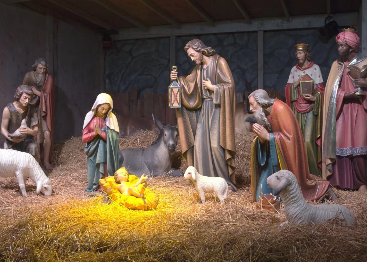 BELECO 2.1x1.5m Fabric Christmas Nativity Scene Photography Backdrop Christmas Manger Scene Photographic Background Christian Holy Family Baby Jesus Nativity Figurine Backdrop Photo Studio