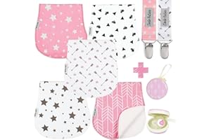 Dodo Babies 5-Pack Baby Burp Cloths - 19x9 in, 5 Cloths, 2 Pacifier Clips & Case, Pink, White & Grey - Soft, Absorbent & Contoured for Spit-Up