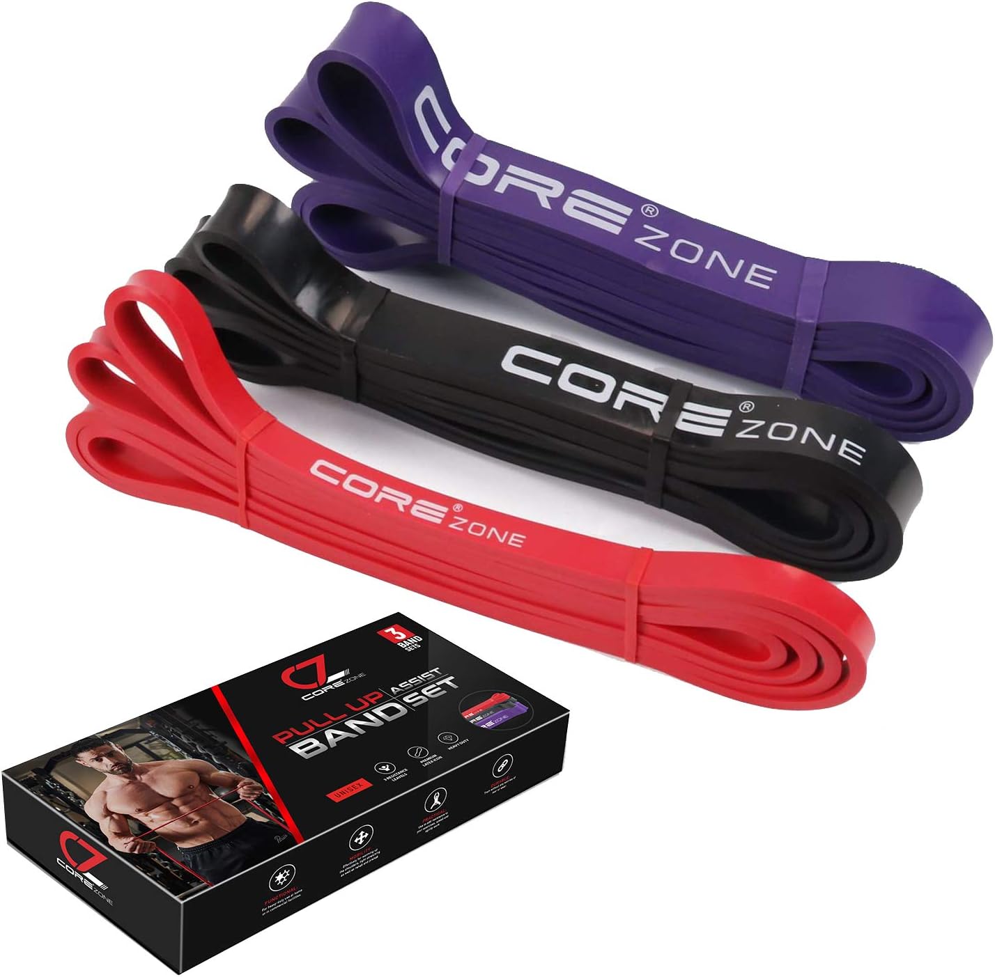 COREZONE [Resistance Bands Pull Up Assist Band | Stretch Resistance Band | Mobility Band | Powerlifting Bands | Extra Durable Pull-Up Assist Bands - SET OF 3 PACK