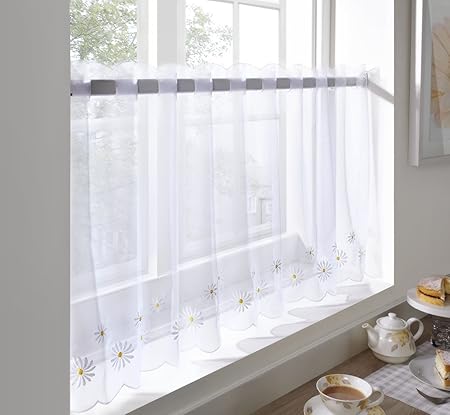Cafe Voile Curtain Panel Embroidered Kitchen Net Curtains Daisy