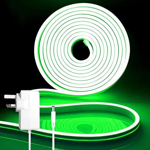 iNextStation 12V Green Neon Rope Lights 5m, with 60W Power Plug and Dimmer, Waterproof, Cuttable, Dimmable & Flexible, for Bedroom, Kitchen, Cabinet, Staircase, Ceiling, Wall, Garage