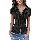 Penioca Button Down Shirts for Women Striped Short Sleeve Casual Collared Office Work Blouse