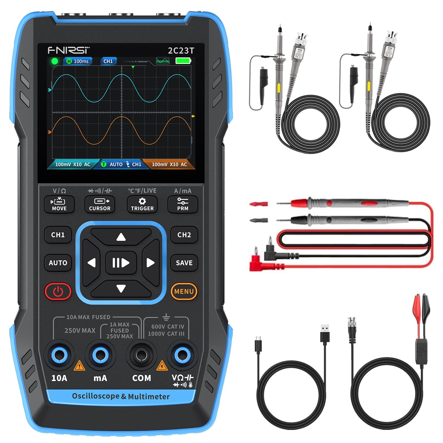 Photo 1 of ?Upgraded Model 2*P6100 Probe? FNIRSI 3 in1 Oscilloscope/Multimeter/DDS Signal Generator with 2 Channels, 10MHz Bandwidth, 50MSa/s Sampling Rate, 10000 Counts, Voltage, Current, Capacitor, Resistor