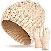 Sintege Womens Winter Beanie Hat Gloves Set Soft Knitted Lined Hat Stretchy Gloves Winter Warm Cap Gifts for Women Men
