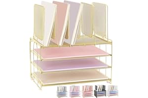 LEKETREE Desk Organizers and Accessories, 3-Tier Paper Organizer with 5 Vertical File Holders, Office Supplies for Women, Desk Accessories & Workspace Organizers (Gold)