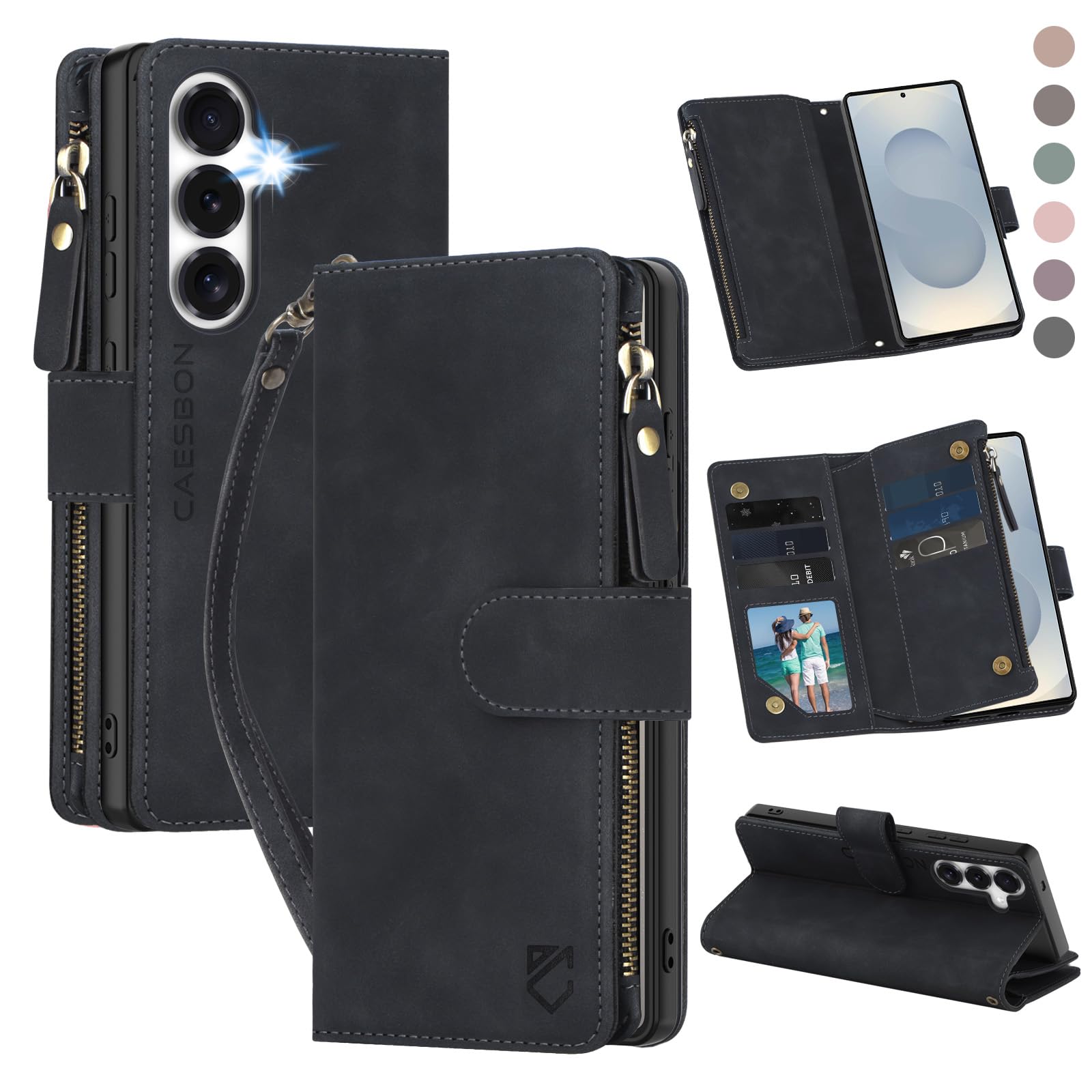 CAESBON for Samsung Galaxy S25-Plus-Wallet Case: for Galaxy S24 Plus with RFID Blocking Card Slots (6 Cards) | Soft PU Leather Magnetic Snap Zipper Pocket Wrist Strap Protective Phone Cover - Black