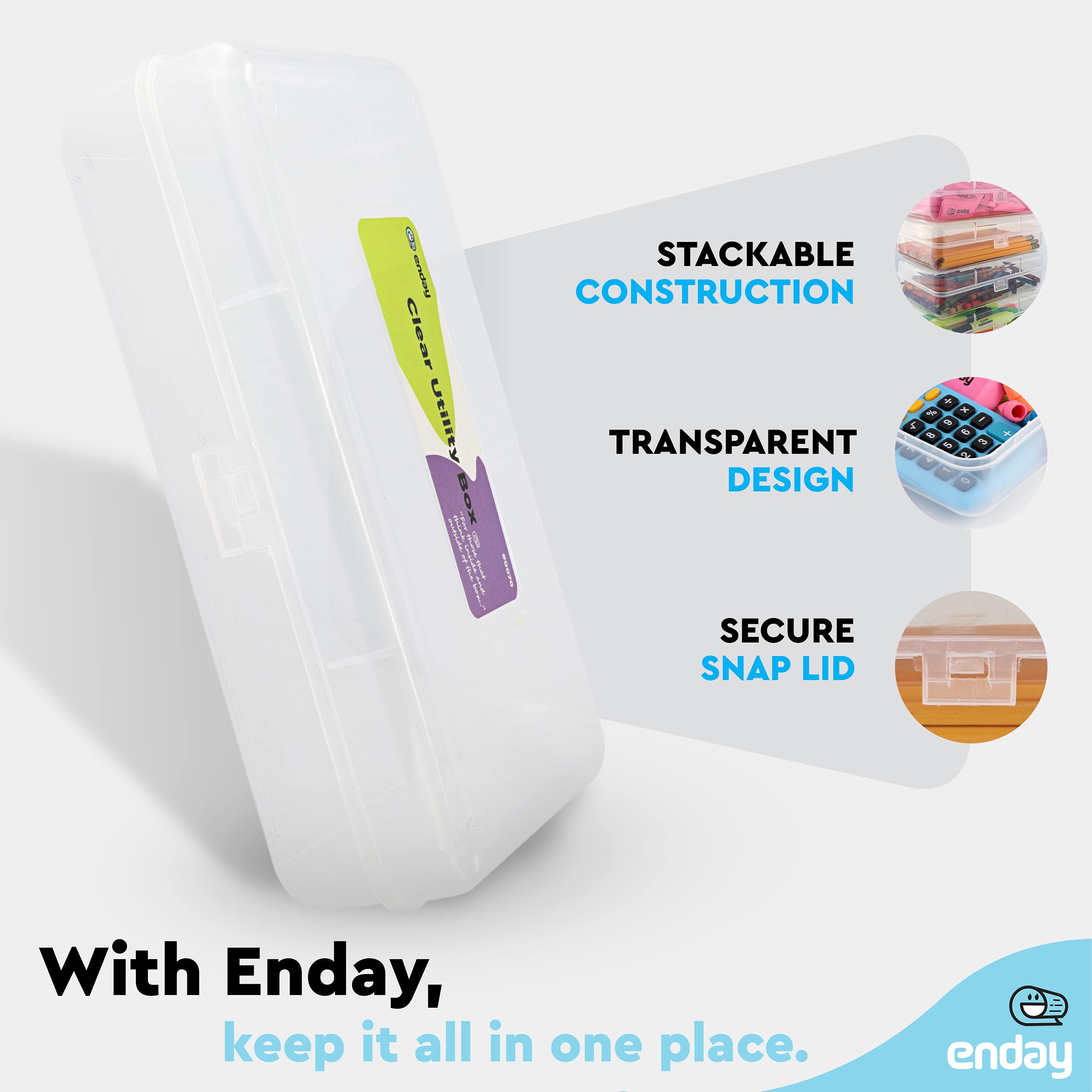 Enday Plastic Pencil Box with Snap Closure Lids Clear, Small Utility Crayon and Marker School and Office Storage Supplies Case, Large Capacity Durable Translucent Supply Organizer Boxes For Kids