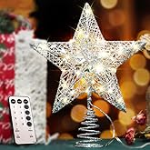 YAUNGEL Christmas Tree Topper, Star Tree Topper with 40 LED and Remote Control Battery Operated Warm Lights Treetop Christmas Decorations, Indoor Home Decor, 10IN Silver
