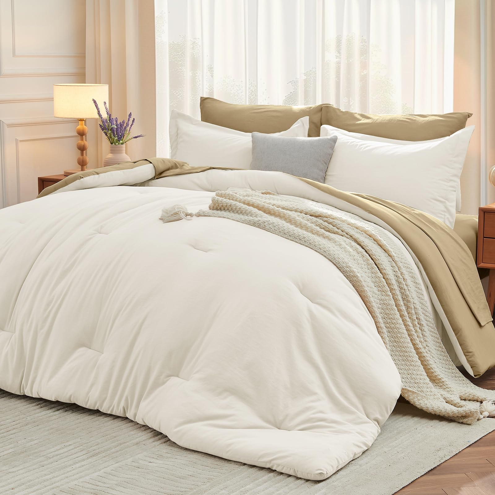 Photo 1 of MUXHOMO 7 Pieces Full Comforter Set, Soft Bed in a Bag Full Size, All Season Bedding Set with Comforter, Flat Sheet, Fitted Sheet, Pillowcases & Shams, Ivory & Khaki