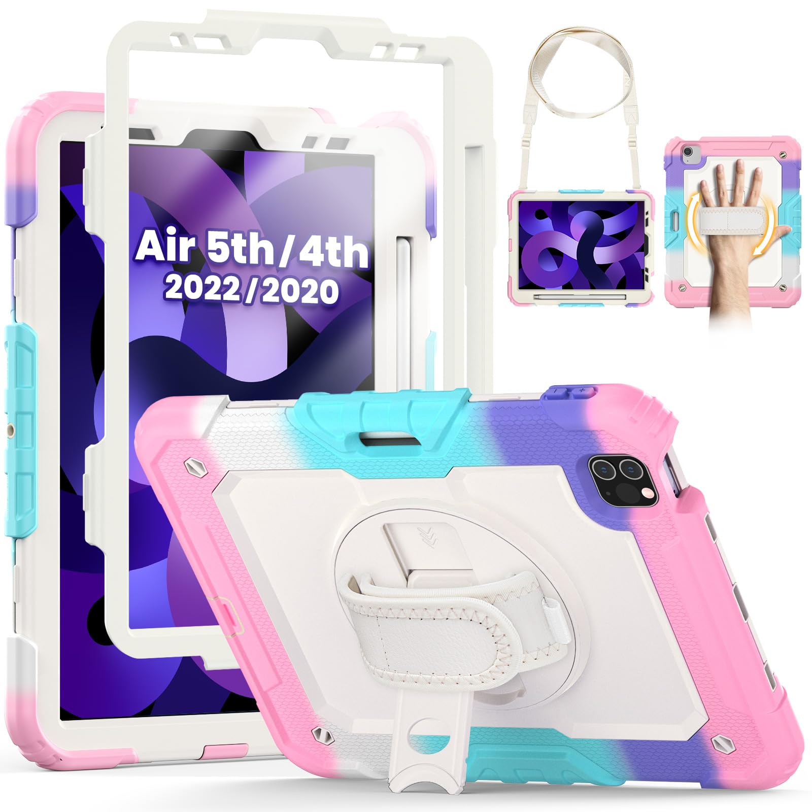 SEYMCY Kids Case for iPad Air 5th/4th Generation 10.9 inch 2022/2020, Full-body Shockproof with Screen Protector, 360° Rotating Stand & Hand Strap, Carrying Strap, Pencil Slot, Pink