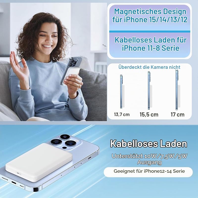 Powerbank für MagSafe, Magnetische Wireless Power Bank 10000mAh Schnellladefunktion Ladegerät, Kabellose Tragbares Externer Akku mit USB-C für iPhone 12 13 14 15 16 17 Serie