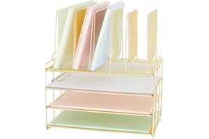 AUPSEN 3 Tier Desk Organizer, Office Supplies Desk Accessories with 5 Section Vertical File Holder, Paper Tray Workspace Organizers for Home Office (Gold)