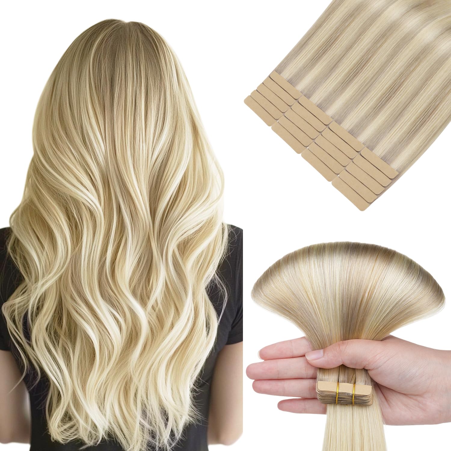 Hotbanana 18 Inch Tape in Hair Extensions - 20pcs 50g Ombre Ash to Golden and Platinum Blonde - Straight Remy Human Hair