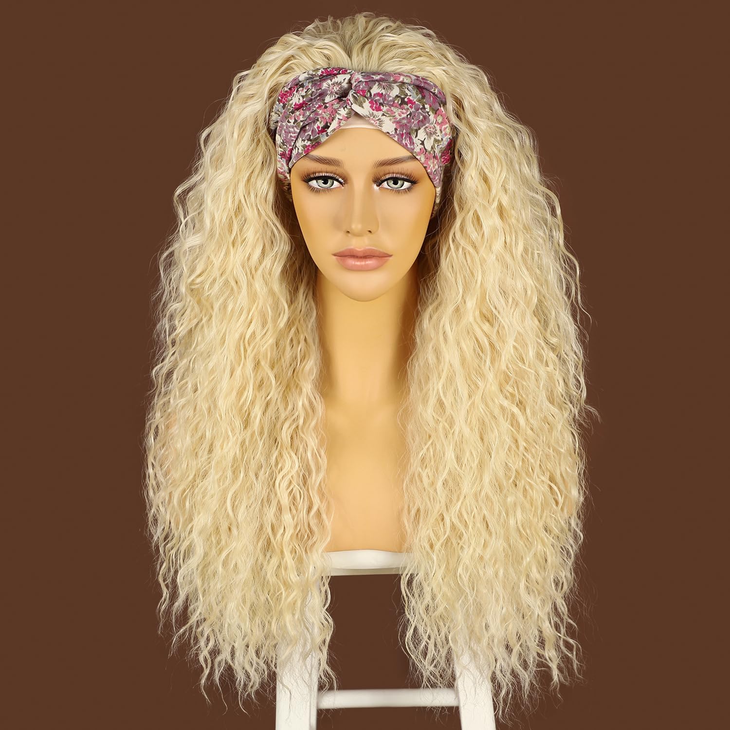 Sapphirewigs 613 Blonde Curly Headband Wig Long Synthetic Hair Loose Water Wave Headband Wigs for Women Glueless 150% Density 26 inch