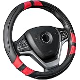 Achiou Red Car Steering Wheel Cover Universal 15 inch with Grip Contours, Leather Auto for Men and Women Non-Slip Breathable Soft and Comfortable