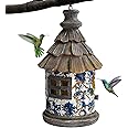 OUSHUAI Bird House for Outdoor with Pole Garden Decor Hanging Birdhouses Weatherproof BirdNest for Outside Bluebird, Finch, Wren, Chickadee, Wild Birds Big Size Resin White Bule
