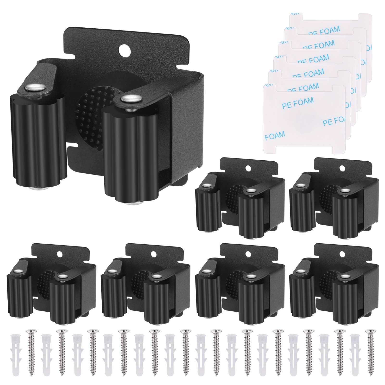 Hejo 6 Packs Broom Holder Wall Mounted, Heavy Duty Mop Holder, Stainless Steel Brush Holders Ideal for Bathroom, Kitchen, Garage, Garden Tool Organizer, Brush Mop and Broom Gripper (Black)