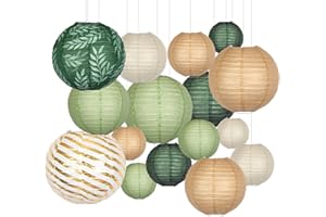 KAXIXI Round Chinese Paper Lanterns Decorative 16pcs Sage Green Brown Hanging Paper Lantern for Graduation, Birthday, Wedding, Jungle Theme Baby Shower Party Decorations