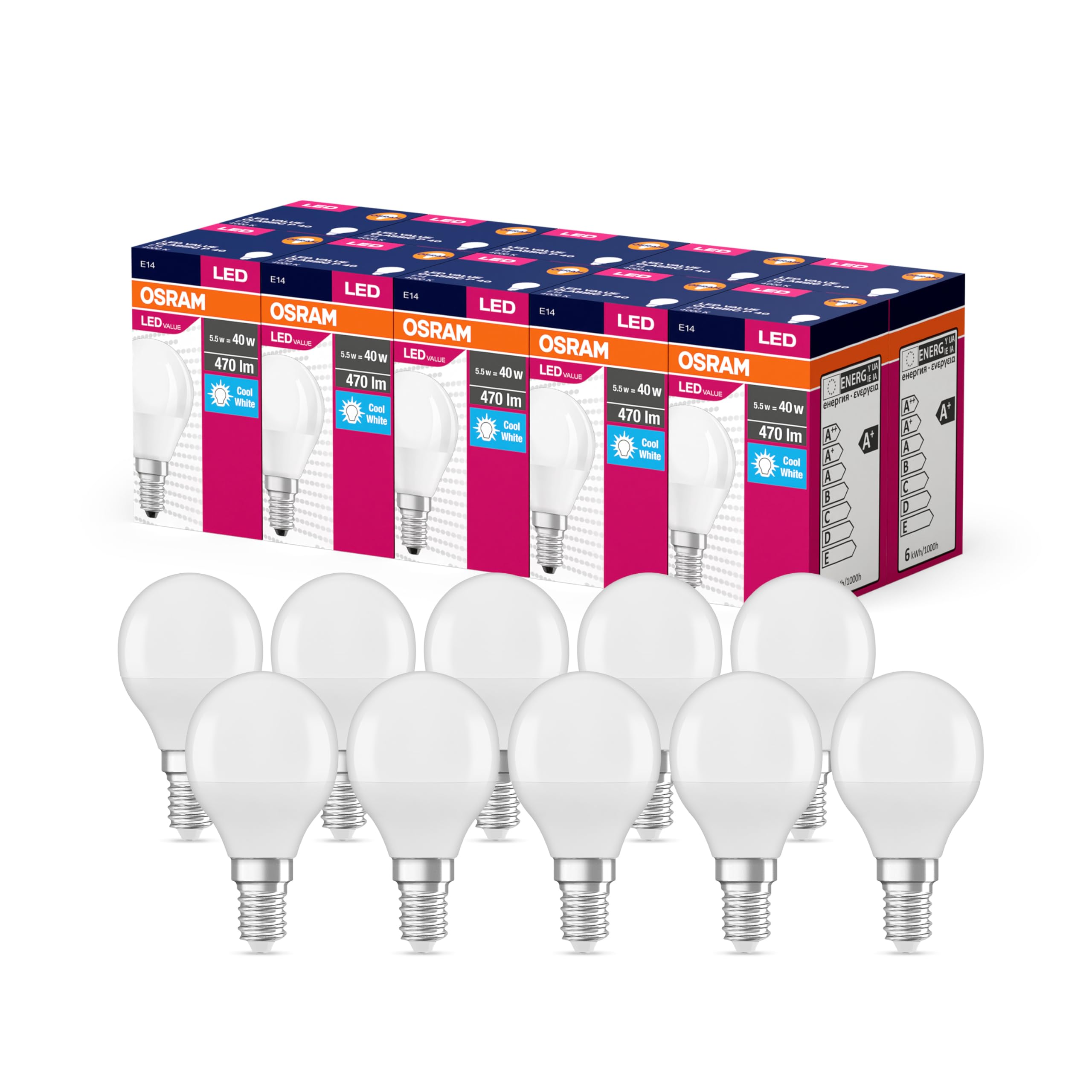 OSRAM Led Star Value Classic P40 Led Lamp for E14 Socket, Drop Shape, Fr, 470 Lumens, Cold White (4000K), Replacement for Conventional 40W Light Bulbs, Not Dimmable, 10-Pack