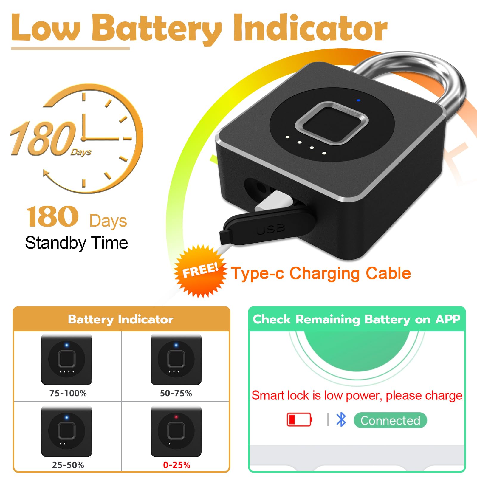 Pothunder Fingerprint Padlock, Fingerprint Lock with APP, Padlock with Keyless Biometric, Smart Padlock Waterproof Suitable for Gym, Locker, Gates, Fence and Storage, YL-P6BF