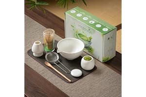 MatchAiA 6 Pcs Matcha Set - Ceramic Bowl with Spout, Matcha Whisk with Holder, Tea Powder Canister, Sifter and Spoon, Complete Kit for Traditional Matcha, Modern Lattes, and Tea Ceremonies (White)