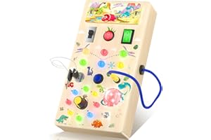 ANEVIT Dinosaur Montessori Toddler Busy Board, Toddler Toys with Music and LED Light Switches, Wooden Sensory Toys Light Switch Toys Travel Toys, Toys for 1 2 3 Years Old Baby and Toddler