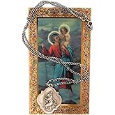 St. Christopher Badge-Shaped Medal on Chain with Laminated Prayer Card | Patron Saint Catholic Pendant