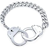 Biker Jewelry Interlocking Handcuff Bracelet for Men with Padlock Curb Chain Black IP Silver Tone Stainless Steel 8,8.5 Inch