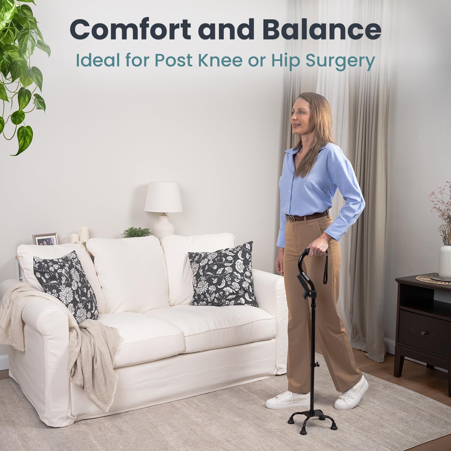 PELEGON® Quad Cane for Women & Men for Stability (300LB) - Adjustable Walking Cane with A Large 4 Pronged Base for Balance & Stability, Walking Canes for Seniors, Walking Cane, Walking Sticks (Black)