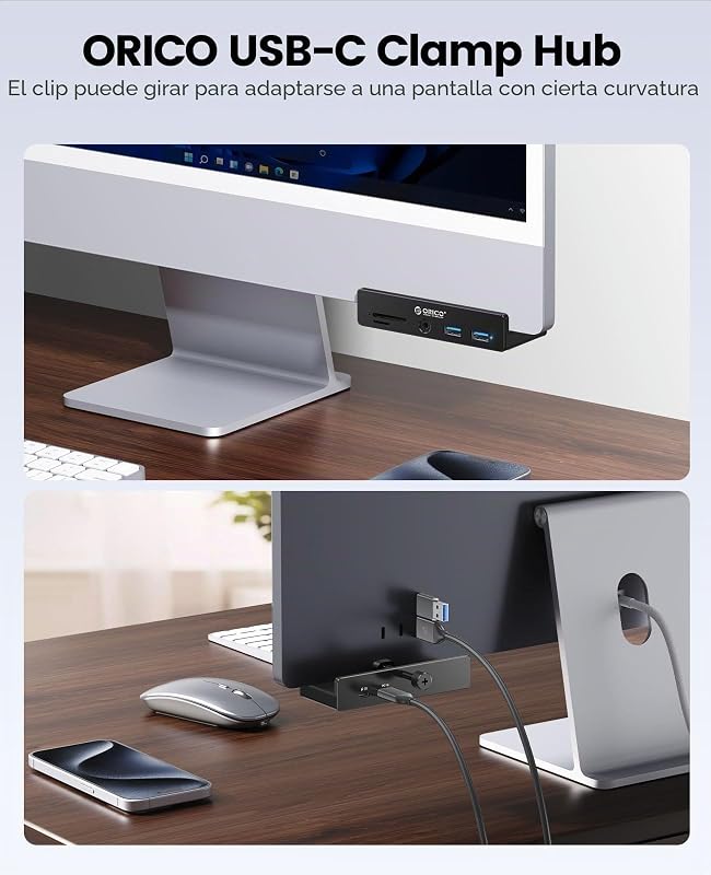 Hub USB 3.0, hub USB clamp com porta de alimentação adicional, adaptador USB C em alumínio com 2 portas de dados USB-A, leitor de cartões AUX SD/TF de 3,5mm para