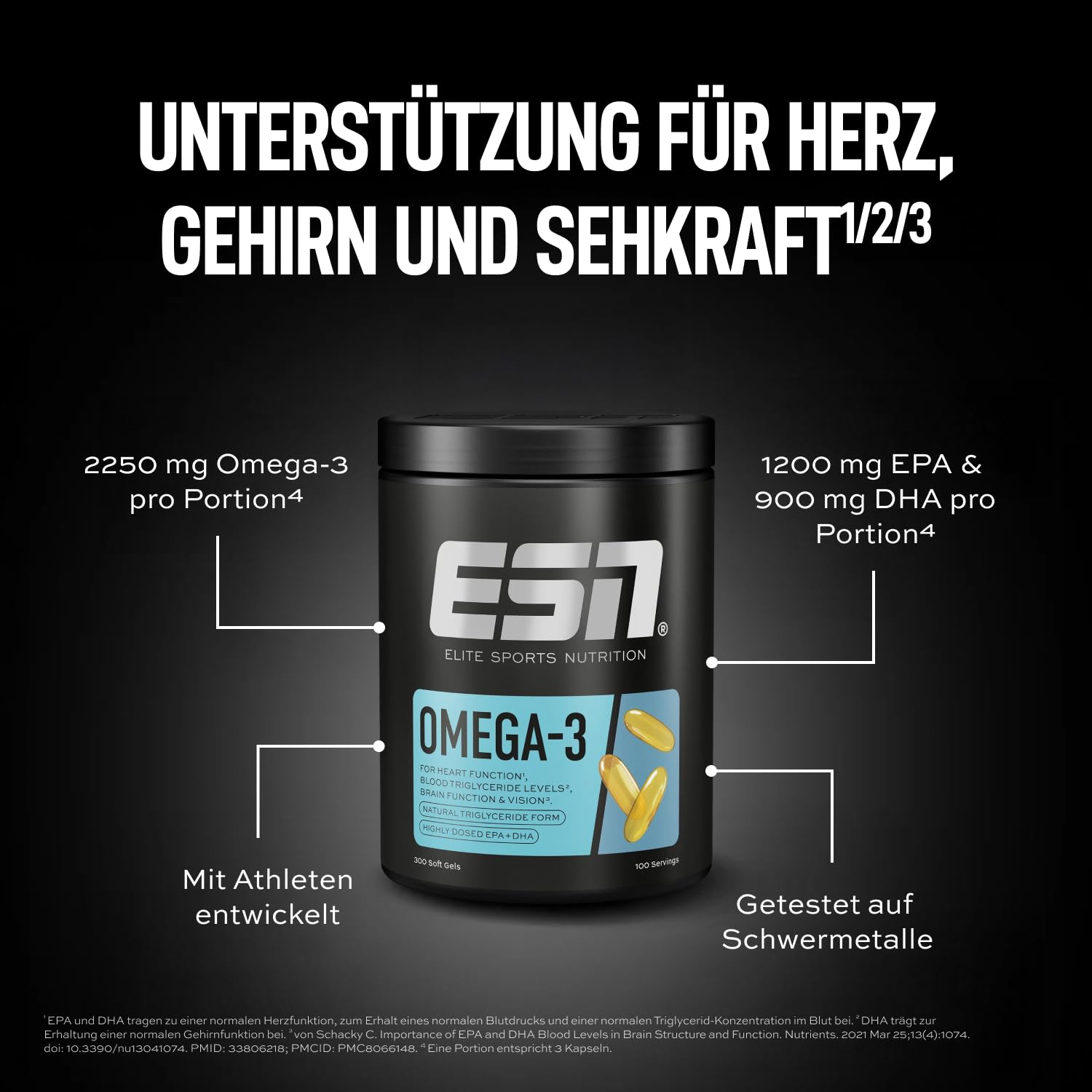 ESN Omega-3 - hochdosiert mit 1200 mg EPA und 900 mg DHA pro Tagesportion - ohne fischigen Nachgeschmack - getestet auf Schwermetalle - 300 Kapseln, 100 Portionen 5