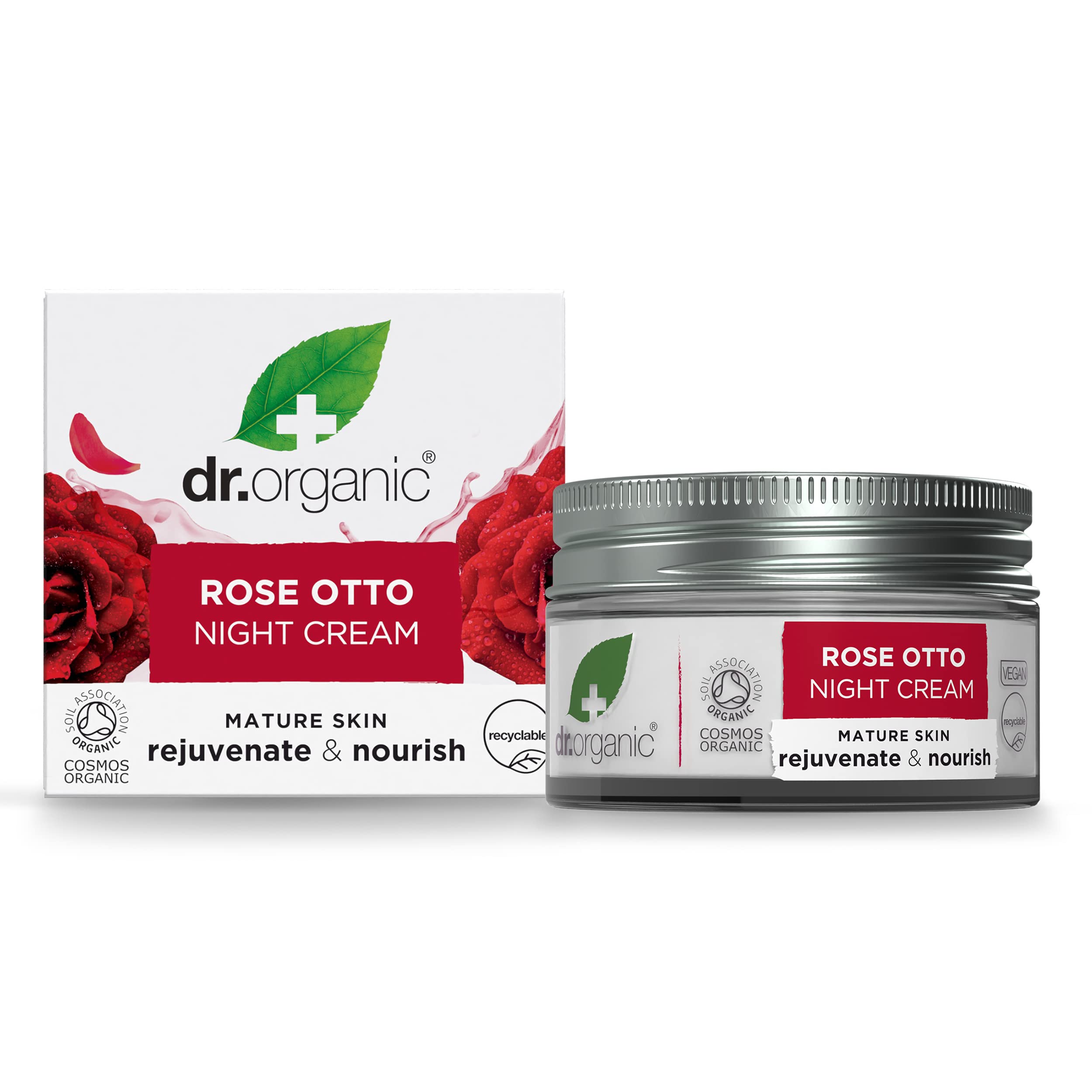 Dr Organic Rose Otto Night Cream, Moisturising, Healthy-Aging, Wrinkles, Natural, Vegan, Cruelty-Free, Paraben & SLS-Free, Recycled & Recyclable, Certified Organic, 50ml, Packaging may vary