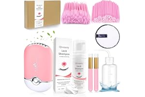 Qiveaory 150ml/5.07fl.oz Eyelash Extension Cleanser Extension Lash Shampoo Brush Mini USB Portable Lash Fan Mascara Brush Disposable Microbrush Wash Bottle Reusable Makeup Remover Pad Gentle Cleaning