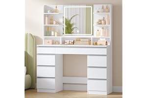 Hzuaneri 9 Drawers Vanity Desk with LED Light, Dressing Table with Large HD Mirror, 9 Open Storage Spaces Makeup Vanity for B