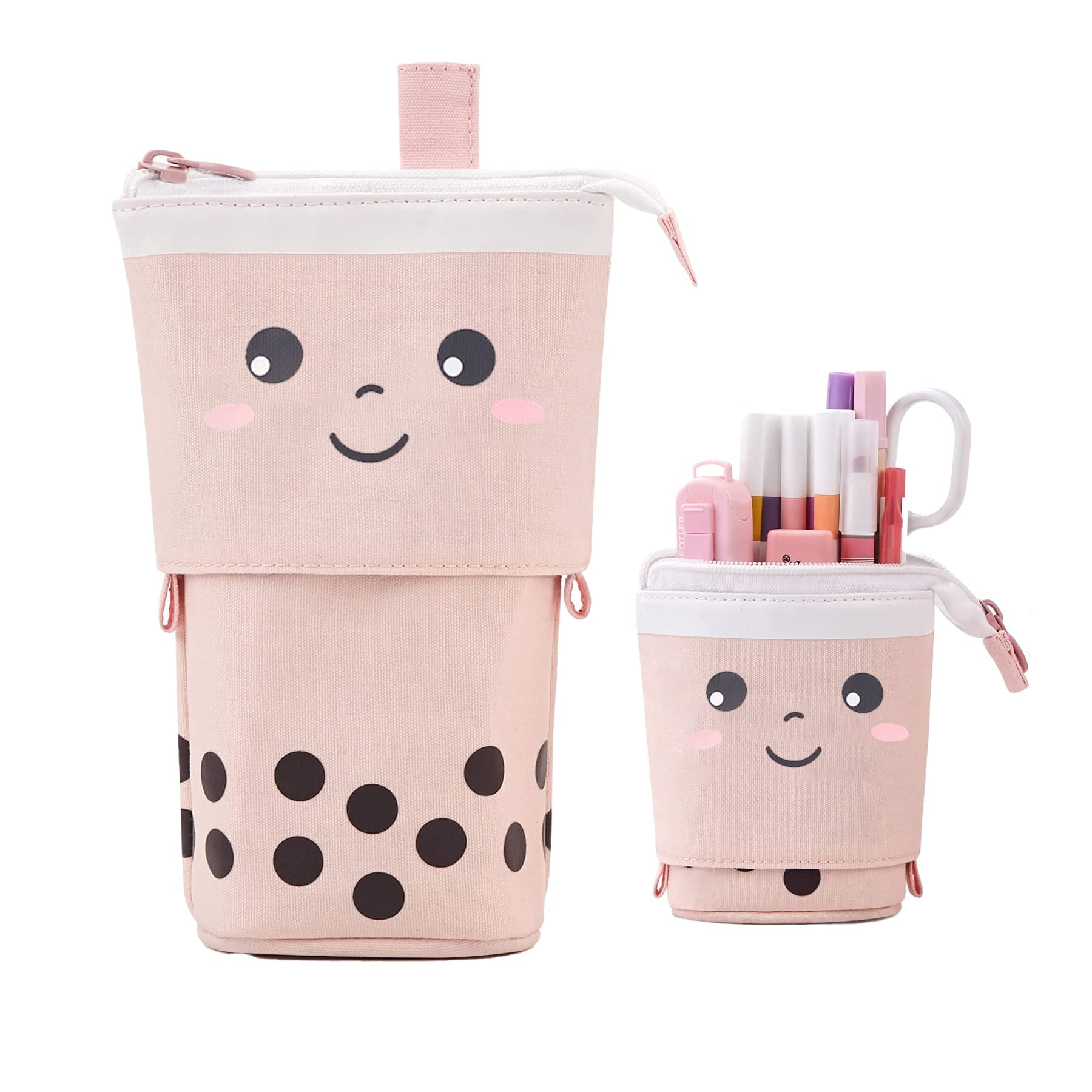 YeahBoom Pencil Case Zip, 2-in-1 Pencil Case and Pen Holder, Pencil Case Girls, Stand Pencil Holder, Telescopic Pencil Case, Pen Holder for Teenagers, Students, peach milk tea, Milchtee, /