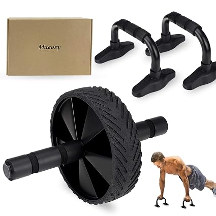 Macosy 2 In 1 Ab Wheel Roller Kit With Push Up Bars Home Gym Abdominal Exercise Equipment Large Wheels For Stability Core Workout Machine For