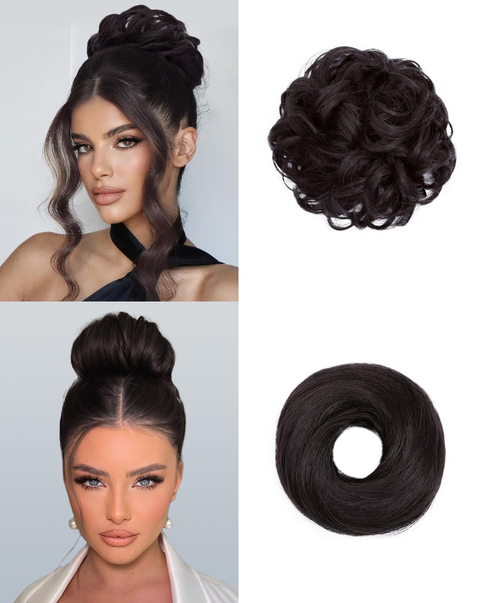 Photo 1 of HSLHDI 2PCS Messy Bun Hair Piece-Large Wavy Curly & Donut Updo Hair Pieces Set, Scrunchies Synthetic Chignon Ponytail Extensions Thick Updo for Women?Brown Black?