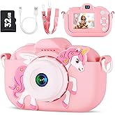 Kids Camera Toys for Ages 3 4 5 6 7 8 9 Girls, 48MP Dual Lens Toddler Digital Camera Christmas Birthday Gift, Kids Selfie Camera with 32G SD Card, Silicone Cover