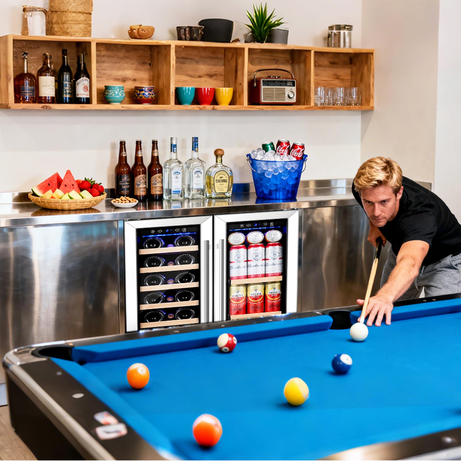 BODEGA 24 Inch Wine and Beverage Refrigerator, Dual Zone Wine and Bar Beverage Cooler, Commercial Black Bar Cooler With 2 Glass Doors, Bar Fridge Hold 19 Bottles and 57 Cans,Built-In or Freestanding.