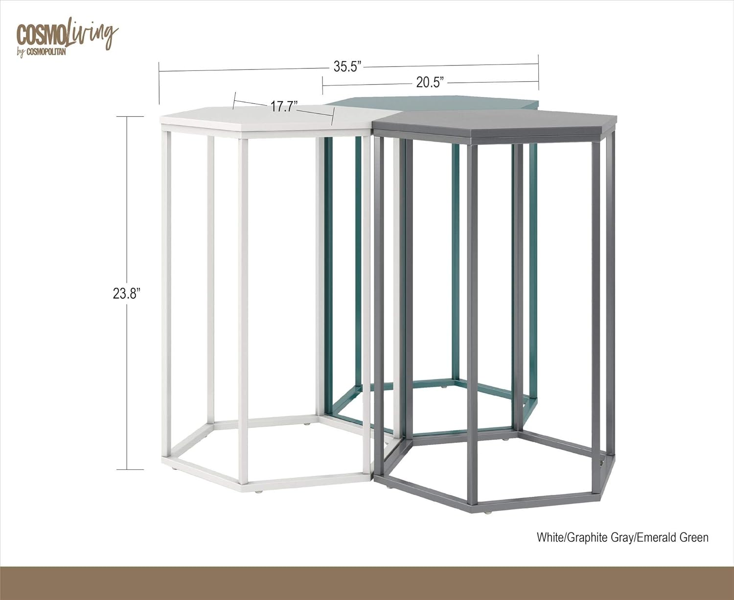 CosmoLiving Park Ave. Hexagon Accent Table Set, White/Graphite/Emerald Green: Furniture & Decor