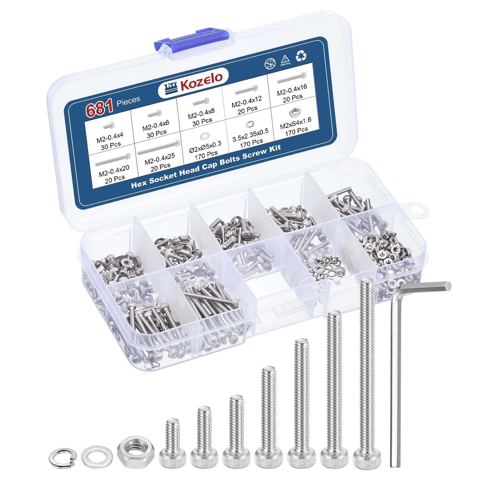 Kozelo 681pcs M2 Socket Head Cap Screws Bolts Nuts Assortment Kit - [M2x4/6/8/12/16/20/25mm] 304 Stainless Steel Allen Socket Drive for 3D Printer with Allen Wrench — image 1