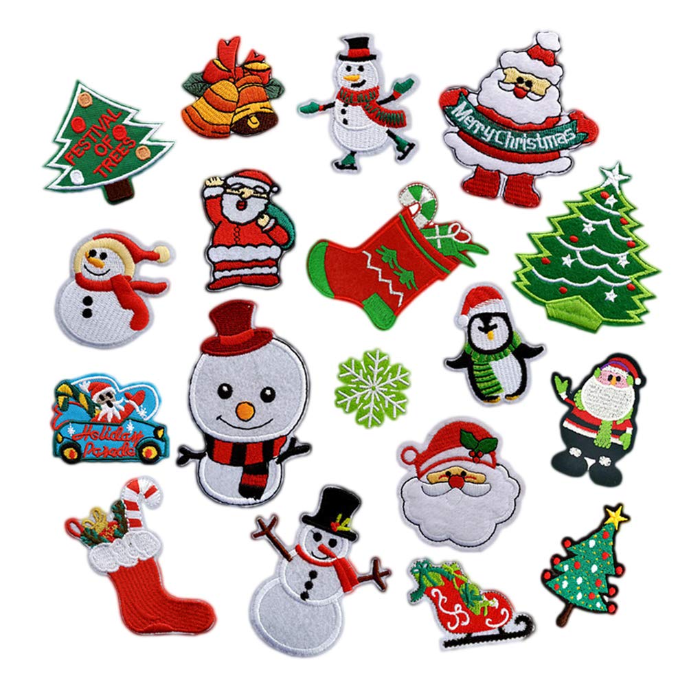 HEALLILY 18pcs Iron on Patches Cute Christmas Embroidered Patches Applique Motif Sew On Patches for Christmas Costume Decoration
