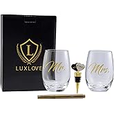 LUXLOVE - Mr. and Mrs. Tumbler Wine Glasses Set for Couples. Includes a Mr. and Mrs. Wine Stopper and Gift Box. A Great Gift For Weddings, Bridal Shower, Engagement, or Anniversary.