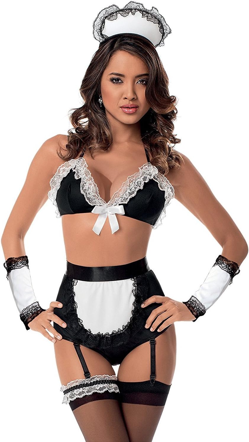 Retro Maid Bra, Panty, Garter, Hat & Thigh Highs Black/White O/S