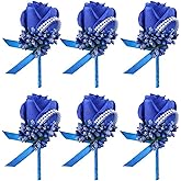 Febou Royal Blue Wedding Rose Boutonniere with Pins for Men Wedding Groomsmen Best Man, Groom Boutonnieres for Wedding Party Prom Anniversary (Boutonniere-Blue, 6 Packs)