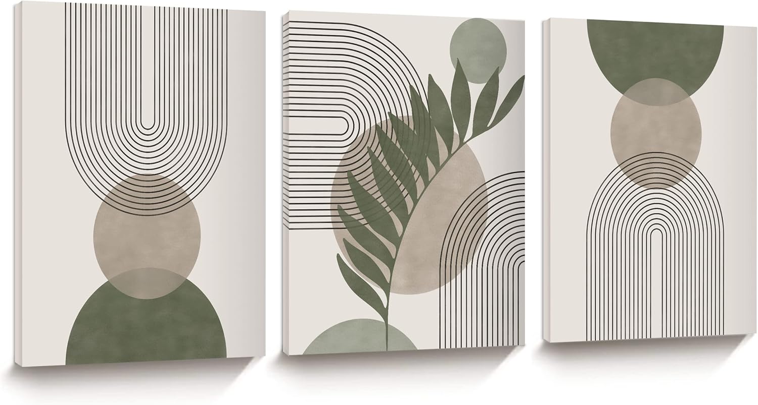 Posters & Prints - iHery Sage Boho Wall Art, 12x16in Framed Canvas Wall Art Pictures, Mid-Century Modern Wood Framed Abstract Prints for Bedroom,Minimalist wall Decor Bathroom 3Pack